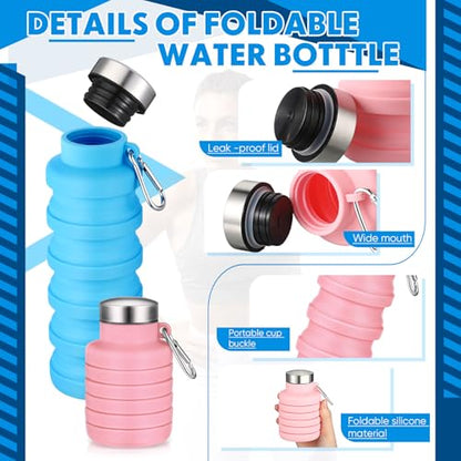 Baderke 2 Pcs Collapsible Water Bottles 17oz Silicone Travel Foldable Portable Water Bottle with Buckle Silicone Lightweight Reusable Leakproof for Camping Hiking Cycling Sport(Pink, Blue) - color: Pink, Blue