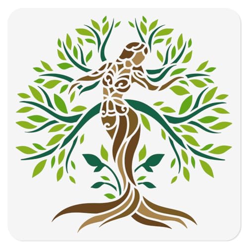 11.8"x11.8" Tree of Life Wall Stencil Templates, Mandala Woman Tree Reusable Plastic Stencils for Painting on Wood Floor Tile Fabric Glass Furniture DIY Home Decor Template | 11.8" x 11.8" Plastic Craft Stencil, Tree of Life Wall Stencil, DIY Home Decor T