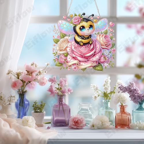Eiflow Acrylic Diamond Art Hanging Kit for Adults, DIY Diamonds Painting Door Hanging Board Kit, Special Crystal Diamond Art Painting Pendant Ornament (Valentine Bee) - color: Rose Bee