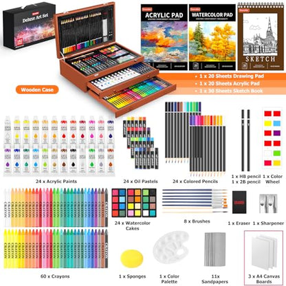 Soucolor 192-Pack Deluxe Art Set, Drawing Painting Kit, Wooden Case Gift - color: Yellow Brown