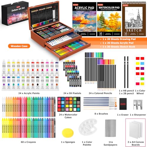 Soucolor 192-Pack Deluxe Art Set, Drawing Painting Kit, Wooden Case Gift - color: Yellow Brown