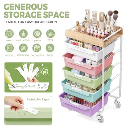 SYKIARIOL Utility Cart with 5 Labeling Drawers and Wooden Tabletop - color: Ice Cream, size: 5-Drawer