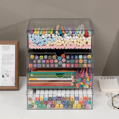 Clear Plastic Drawer Organizer, 4 Drawers | Stackable Desk Organizers and Accessories, For Home Office Supplies, Marker Pen, Notebooks, Art Crafts - size: 4 Drawers