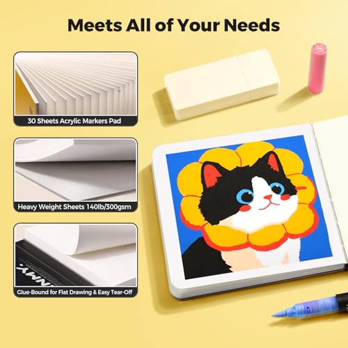 ENMY Acrylic Marker Sketch Pad, 6.7×6.7 Bleed-Proof Marker Paper,140lb/300gsm Heavyweight Sketchbook, 30 Sheets Drawing Pad Glue-Bound with Hard Backing for Artists, Students (L 17×17 cm) - size: L（6.7×6.7 inch）
