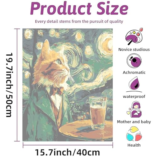PSENIW Paint by Numbers Kit for Adults,Abstract Starry Cat 16x20 inches | Animal Digital Painting For Home Wall Decoration And Gifts,Abstract Cat Frameless Beginner DIY Acrylic Watercolor - color: Gray