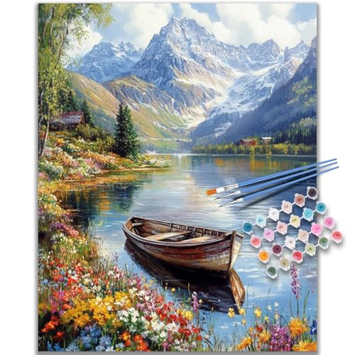 Kalonyth Boat Paint by Numbers Kit for Adults, 16x20 inch, No Framed | Lake Landscape Adult Paint by Number Kits on Canvas, DIY Acrylic Painting, Stress Relief Craft Kits, Home Wall Decor Gift - color: OP-US07