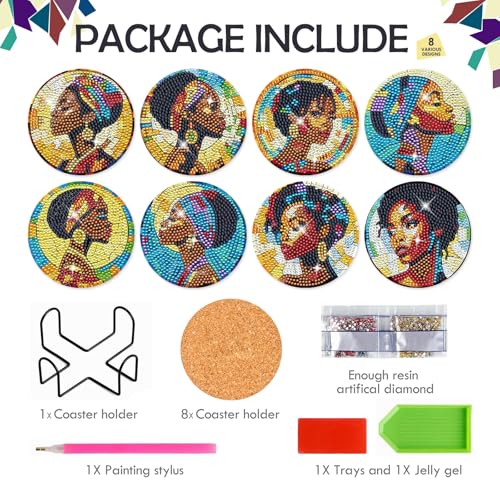 Black Woman Diamond Painting Coasters - 8 PCS DIY Colorful Glass Diamond Art Coasters Kits for Drinks Coffee Art Craft Supplies Birthday Holiday for African American Adult Beginners - color: Black Women