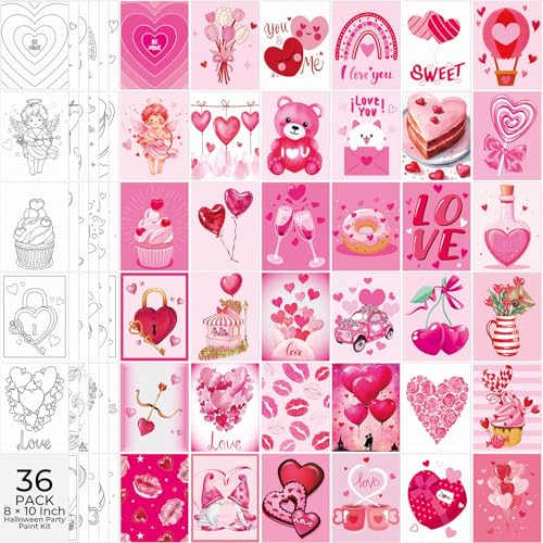 Harloon 36 Pcs 8 x 10 Inch Pre Drawn Canvas for Painting Pre Stretched Canvas Painting for Adults Kids Outline for Sip and Paint Supplies Favor (Pink Valentine) - style: Pink Valentine