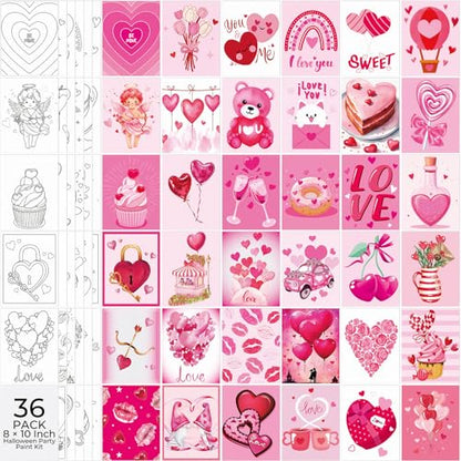 Harloon 36 Pcs 8 x 10 Inch Pre Drawn Canvas for Painting Pre Stretched Canvas Painting for Adults Kids Outline for Sip and Paint Supplies Favor (Pink Valentine) - style: Pink Valentine