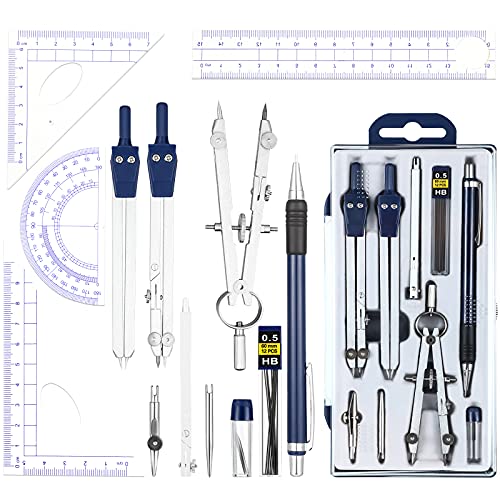 Outus 13 Pcs Geometry Set for Students Metal Compass Math Protractor | Rulers Mechanical Pencil Lead Refills Storage Box Protractors Kit for School Class Student Drafting Drawing - color: Blue