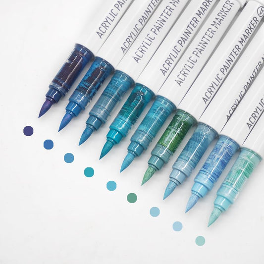 Water Based Acrylic Paint Markers Blue, 9 Colors Paint Pen Set | Misty Rain Blue Series, Soft Brush Tip, Smooth Writing, Marker Pen for Rock Painting, Egg, Wood, Glass, Mugs, Black Paper - color: Blue Series-2
