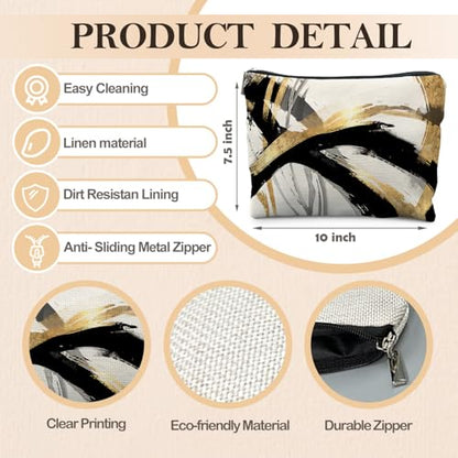 Abstract Black and Gold Makeup Bag, Boho Black White and Gold Cosmetic Bags for Women, Boho Gifts for Women, Mid Century Modern Zipper Makeup Pouch - color: Black gold