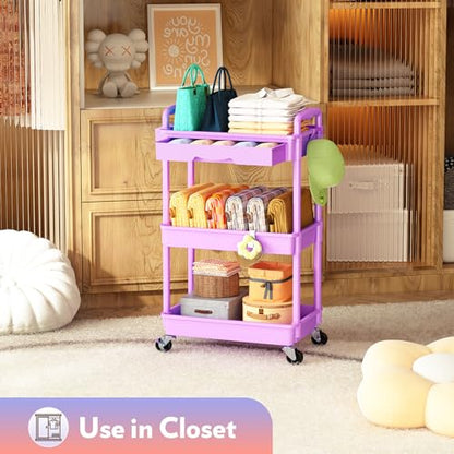 SUNALLY Makeup Cart Organizer with Drawer,3 Tier Rolling Makeup Cart,Purple - color: Purple, size: 3 Tier