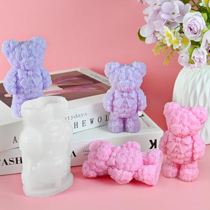 Bear Candle Molds, Standing 3D Rose Flower Bear Casting Molds - color: 1 PCS Rose Bear Candle Molds