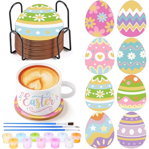 Reallnaive 8 Pcs Easter Eggs Paint by Numbers Kit for Adults Wooden Coaster | Mini Paint by Numbers, Tiny Cute Round Oil Painting Drink Coaster with Holder, for Small DIY Craft Birthday Gift - style: Easter Egg