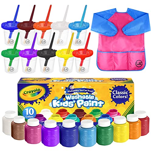 Kids Painting Set, 10 Count Washable Finger Paints for Toddlers Gift Bundle | Includes 10 Tempera Paints (2 oz EA), 10 Paint Cups, 10 Brushes, Art Smock Non-Toxic & Mess-Free Art Kit Spill Proof Paint