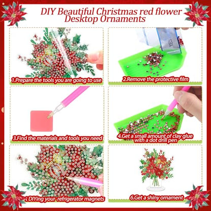 Kosiz 9 Pcs Christmas Poinsettia Flower Diamond Painting Tabletop Decorations Christmas Diamond Art Kits for Adults Double Sided Acrylic Table Centerpieces for DIY Crafts Home Party Decor Xmas Gifts - style: Christmas Flower