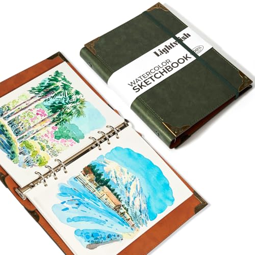 Lightwish Watercolor Sketchbook,100% Cotton Acid Free Watercolor Journal,300gsm/140lb Hot Press Watercolor Paper for Artists,Adults,Students,20 Sheets,5.8 * 8.2 Inches Paper - color: Leather Strap Green