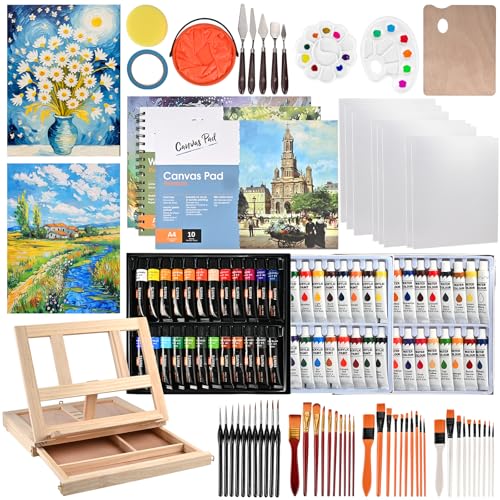 Goldge 140-Piece All-in-One Painting Kit with Tabletop Wood Easel Box