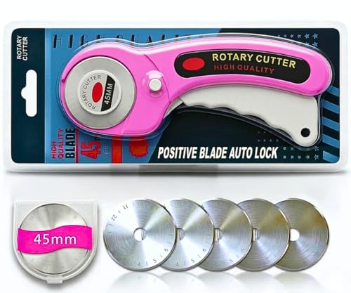 45mm Rotary Cutter with 5 Extra Replacement Blades – Multipurpose Rolling Cutting Tool for Fabric, Leather, Paper, Vinyl, Cardboard, Quilting, Sewing & DIY Craft Projects