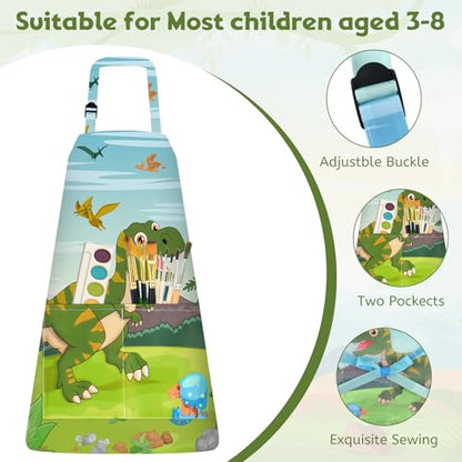 PLULON 4 Pcs Kids Aprons with Pockets Painting Apron for Kids, Dinosaur Kids Apron Adjustable Strap Dino Apron for Painting Cooking Baking Girls Boys Paint Dinosaur Party Supplies, 3-8 Years - color: Multicolor Dinosaur