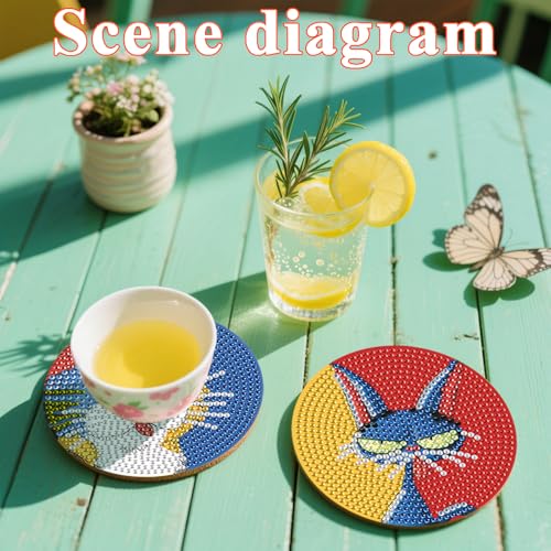 DOTSOPS 8 PCS Cat Diamond Art Coasters Kits for with Holder Beginners 4 in - color: Ecat