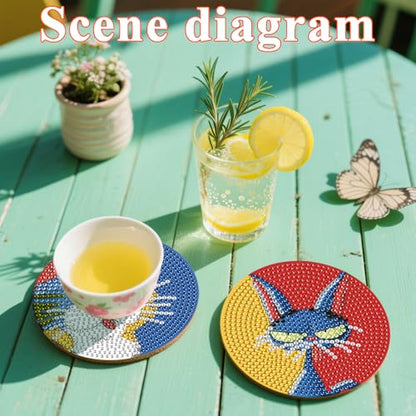 DOTSOPS 8 PCS Cat Diamond Art Coasters Kits for with Holder Beginners 4 in - color: Ecat