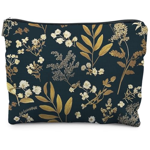 Vintage Boho Floral Makeup Bag, Dark Moody Wildflowers Floral Cosmetic Bags for Women, Dark Cottagecore Botanical Plant Zipper Makeup Pouch - color: Flowers and grass
