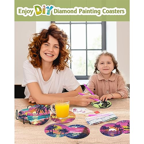 Clendo 8Pcs Diamond Painting Coasters Kits, DIY Landscape Diamond Art Coaster Kits with Holder, Small Diamond Painting Kits for Adults & Kids Art Craft Supplies - color: Bdz8p-85-001