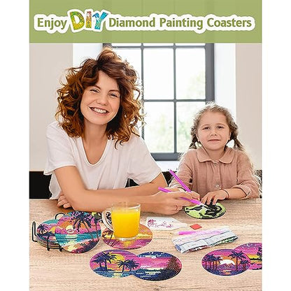 Clendo 8Pcs Diamond Painting Coasters Kits, DIY Landscape Diamond Art Coaster Kits with Holder, Small Diamond Painting Kits for Adults & Kids Art Craft Supplies - color: Bdz8p-85-001