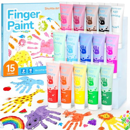 Shuttle Art Washable Finger Paint for Toddlers, 15 Vibrant Colors (1.2 fl oz) Toddler Paint, Non-Toxic Finger Painting for Toddlers 1-3, Kids Arts and Crafts