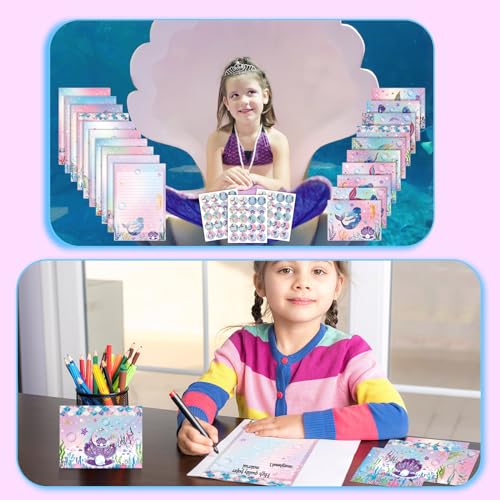 TaoBary 160 Pcs Mermaid Stationery Paper and Envelopes Set 50 Double Sided Lined Stationery Paper with 50 Matching Envelopes and 60 Round Dot Sticker 5.5 x 8.25'' Letter Writing Kit, 10design - size: 5.5 x 8.25 Inch, style: Mermaid