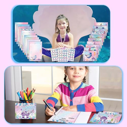 TaoBary 160 Pcs Mermaid Stationery Paper and Envelopes Set 50 Double Sided Lined Stationery Paper with 50 Matching Envelopes and 60 Round Dot Sticker 5.5 x 8.25'' Letter Writing Kit, 10design - size: 5.5 x 8.25 Inch, style: Mermaid