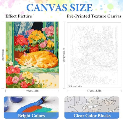 Paint by Numbers Kit for Adults Beginner,Cat Sleeping Flowers,16x20 | Full set with wooden brushes,rolled canvas,rich paints.Calming activity.Beginner friendly.Just open and paint. - color: 16"X20"Rolled Canvas(Frameless)-Cat 4