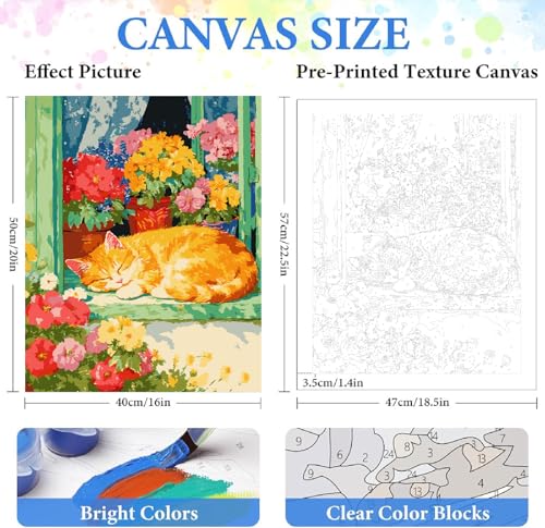 Paint by Numbers Kit for Adults Beginner,Cat Sleeping Flowers,16x20 | Full set with wooden brushes,rolled canvas,rich paints.Calming activity.Beginner friendly.Just open and paint. - color: 16"X20"Rolled Canvas(Frameless)-Cat 4