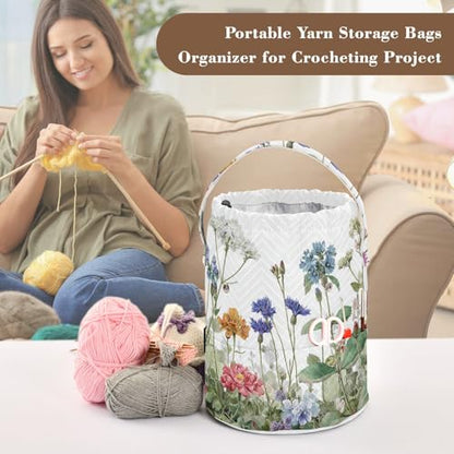 Wildflower Bloom Blue Yarn Bag Small Crochet Bag Drawstring Yarn Storage Organizer Knitting Project Bags Potable Yarn Holder with Holes Handle Crocheting Needles Knitting Accessories - color: Wildflower Bloom Blue