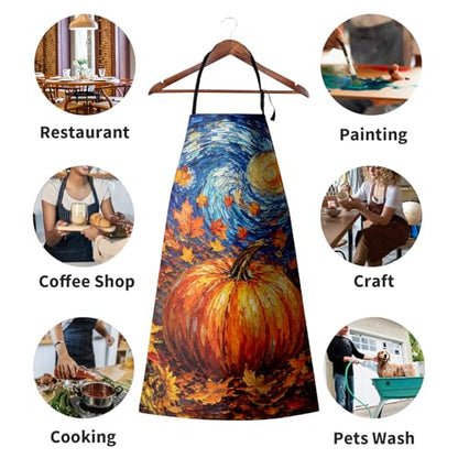 Fall Thanksgiving Aprons Van Gogh Starry Night Pumpkin Kitchen Apron with Two Pockets Maple Leaves Sunflower Cooking Apron with Adjustable Neck Strap for Baking Crafting Painting - color: Fall-starry Pumpkin