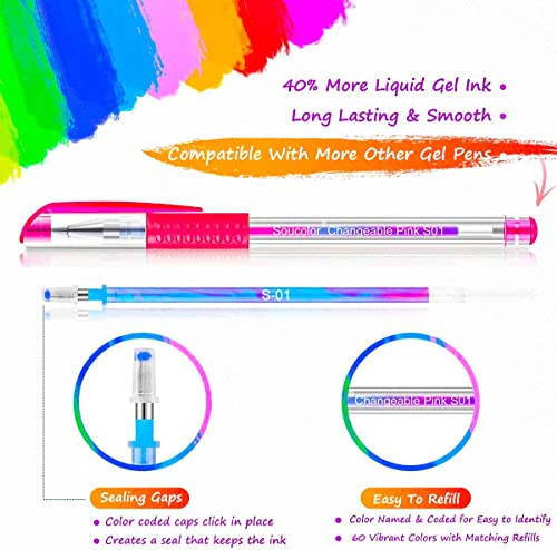 Soucolor 120 Gel Pens Set, Metallic Glitter Pastel,Refills,Drawing Kit Gift - color: Pink