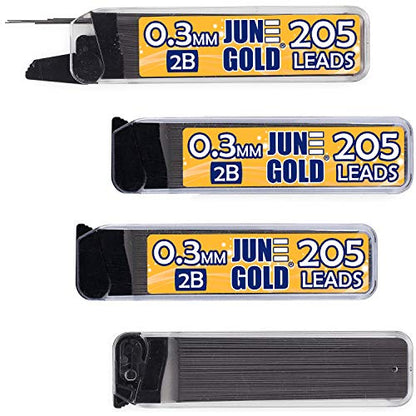 June Gold 0.3 mm, 820 Lead Refills, 2B, 4 Dispensers/w 205 Pieces Each | Extra Fine Thickness, Break Resistant Graphite, Elegant Dispensing Mechanism - color: 2b Graphite, style: 0.3 mm