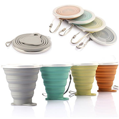 ME.FAN Silicone Collapsible Travel Cup - Silicone Folding Camping Cup with Lids - Expandable Drinking Cup Set - Portable, Graduated [9.22oz] - color: 4 Pack-Powderblue-Light Gray-Yellow Green-Light Brown