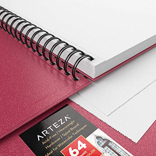 Arteza Watercolor Sketchbook, 9x12 Inch, Pink Hardcover Journal, 64 Pages, 140lb/300gsm Watercolor Paper Pad, Spiral-Bound, Art Supplies for Watercolors, Gouache, Acrylics, Pencils, Wet & Dry Media - color: Pink, size: 9x12 inch - 1 pack