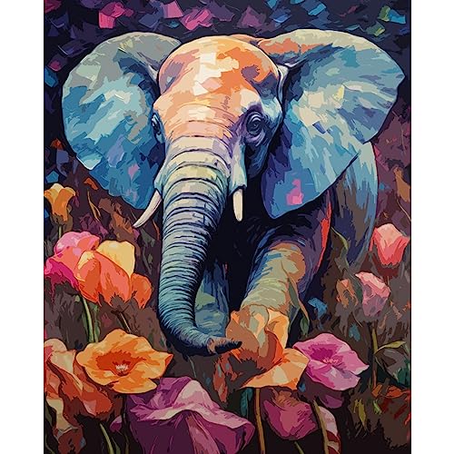 Tucocoo Elephant Paint by Number for Adults Beginner, DIY Digital Oil Painting Kits on Canvas with Brushes and Acrylic Pigment, Tulip Flowers Animal Hand-Painted for Home Decor 16x20inch (Frameless) - color: Artwork-03, size: 16''x20''(Without Frame)