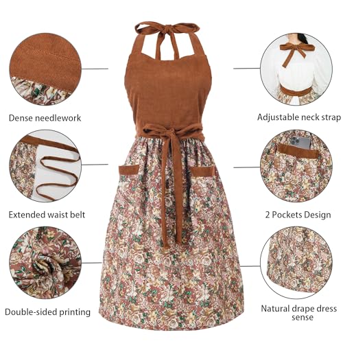 Cute Floral Apron for Women with Pockets, Cotton, Adjustable Straps - color: Brown