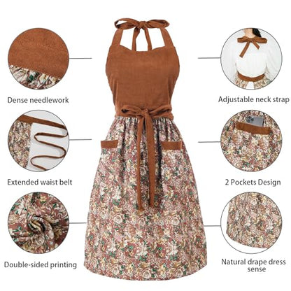 Cute Floral Apron for Women with Pockets, Cotton, Adjustable Straps - color: Brown