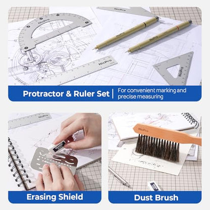 Nicpro 30PCS Professional Drafting Tools & Geometry Set with Case, Architect Protractor Set, Metal Mechanical Pencils, Pen, Scale Ruler Metal Ruler, 5 Drawing Templates for Interior Design House Plan - size: 30 PCS