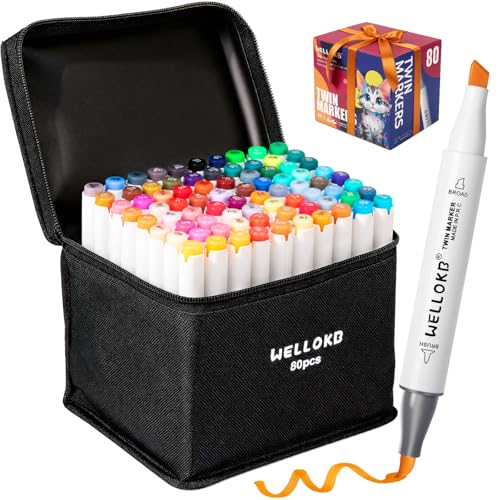 WELLOKB Alcohol Markers, 80 Colors Dual Brush Tip Double Tipped Art Marker Set for Artist Adults Coloring Illustrations for Book Painting, Card Making - color: Bright White, size: 80