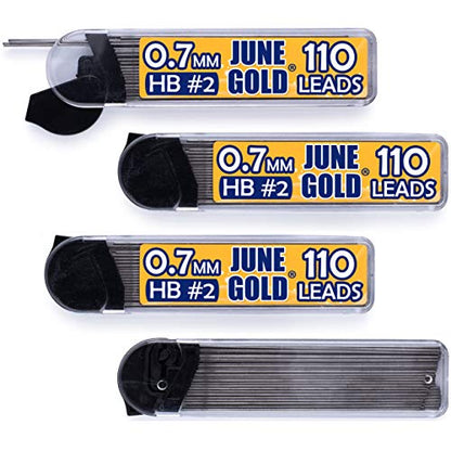 June Gold 0.7 mm, 440 Lead Refills, HB #2, 4 Dispensers/w 110 Pieces Each | Medium Thickness, Break Resistant Graphite, Elegant Dispensing Mechanism - color: Hb Graphite, style: 0.7 mm