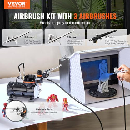 VEVOR Airbrush Kit, Professional Airbrush Set with 1/5 HP Compressor & 3 Airbrushes, Airbrushing System Kit with Multi-Purpose Dual-Action Gravity Feed Airbrushes, Art Nail Cookie Tatto - color: 3 Airbrushes Set