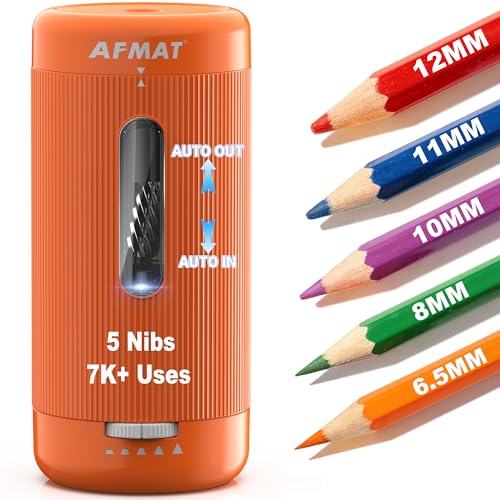 AFMAT Electric Pencil Sharpener, Auto in & Out, 5 Nibs, 7K+ Uses, Fully Automatic Pencil Sharpener for Classroom, Rechargeable Hands-Free Sharpeners for Jumbo/Colored Pencils (φ6.5-12mm) PSC3(Orange) - color: Orange