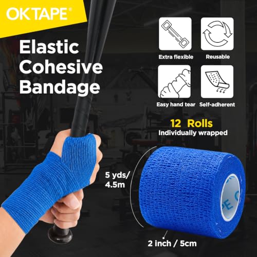 OK TAPE 12 Rolls Self Adhesive Bandage Wrap, Cohesive Elastic Athletic Tape - color: Blue, size: 2 Inch